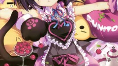 Tea cherries pillows anime girls green eyes nekomimi purple 