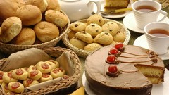 Tea food bread pie cookies rolls fruits cakes