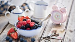 Tea food keys blueberries strawberries fruits clocks spoons 