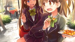 Tea food Umbrellas long hair anime girls school uniforms 