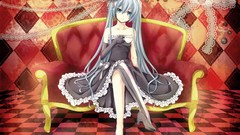 Tea woman dress hats socks sitting bows couch blue hair long 