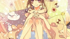 Tea woman sitting bows smiling barefoot brunettes bare shoulders