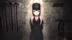 Tears dress long hair anime girls green eyes crying black hair 