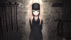 Tears dress long hair anime girls green eyes crying black hair 