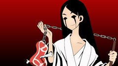 Tears dress meat Bones red background chains smiling long hair 