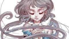 Tears long hair closed eyes vocaloid bare shoulders gray hair 