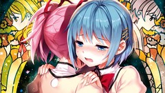 Tears Ribbons hugging blush blue hair blue eyes short hair 