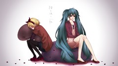 Tears sitting blondes pillows long hair anime girls green eyes 