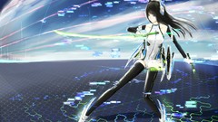 Techno weapons armor navel gloves Swords long hair anime girls 