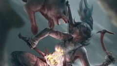 Teeth fight Wolves tomb raider lara croft video games fantasy 