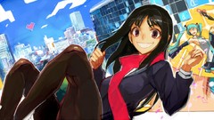 Teeth Hearts grin red eyes schoolgirls buildings scarfs cities 