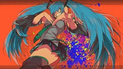 Teeth tie grin skirts blue hair long hair green eyes hatsune 