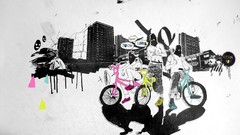 Text abstract grunge Bicycles buildings masks shadows artwork 