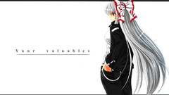 Text back white background white hair red eyes bows jackets 