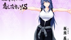 Text belts blue hair smiling anime girls huge boobs zippers