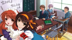 Text Books Anime Computers Tables Ribbons anime girls classroom 