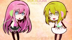 Text Chibi stockings skirts pink hair smiling anime girls 