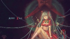 Text dress Gifts hats gloves sitting blue hair long hair anime 