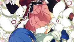 Text dress rings red eyes gloves skirts blush blue hair long 