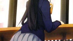 Text drinks schoolgirls skirts long hair anime girls blue eyes 