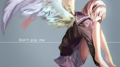 Text feet wings gray background Profile white hair sitting 