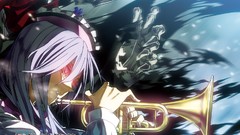 Text hats red eyes instruments skulls skeletons short hair 