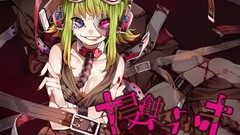 Text headphones Japanese grin belts blue eyes goggles short 