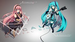 Text headphones tie instruments guitars skirts pink hair long 