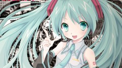 Text headphones tie shirts microphones blue hair long hair 