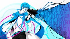 Text navel coat wires belts pants scarfs blue hair blue eyes 