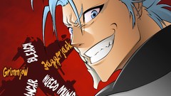 Text red background blue hair smiling blue eyes bleach Espada 