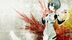 Text red eyes blue hair anime girls short hair neon genesis 