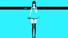 Text Shoes dress blue background smiling long hair anime girls 