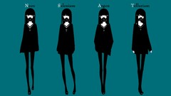 Text Shoes glasses dress blue background skirts long hair anime 