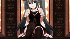 Text Shoes sitting skirts blue hair long hair anime girls blue 