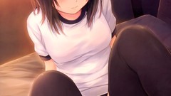 Text sitting anime girls brown eyes indoors brunettes short 