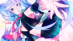 Text tie navel skirts blue hair long hair armpits blue eyes 