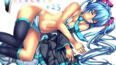 Text tie white background navel blush blue hair long hair 