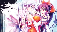 Text weapons fight Knives white hair red eyes bows smiling long 