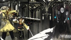 Text weapons interior Katana Monsters dress horns red eyes 