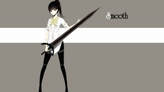 Text weapons Shoes gray background dress Swords smiling long 