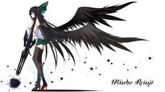 Text weapons wings white background gloves skirts long hair 