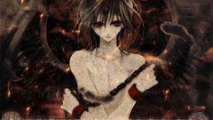 Text wings feathers Anime red eyes chains brunettes darker than 