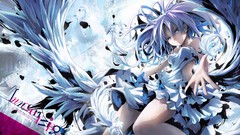 Text wings feathers dress blue hair long hair anime girls white 