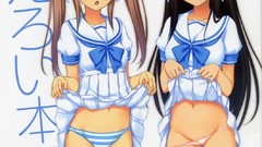 Text woman Anime Cover Ribbons sailor skirts blush long hair 