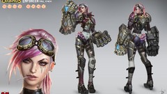 Text woman armor faces mechanical earrings dreadlocks tattoos 