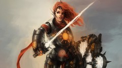 Text woman armor League of Legends orange hair artwork video 