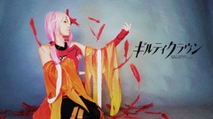 Text woman feathers gloves sitting asians pink hair long hair 