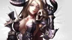 Text woman lips horns Knights armor ornaments skulls blondes 