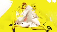 Text woman yellow background sitting artwork high heels paint 